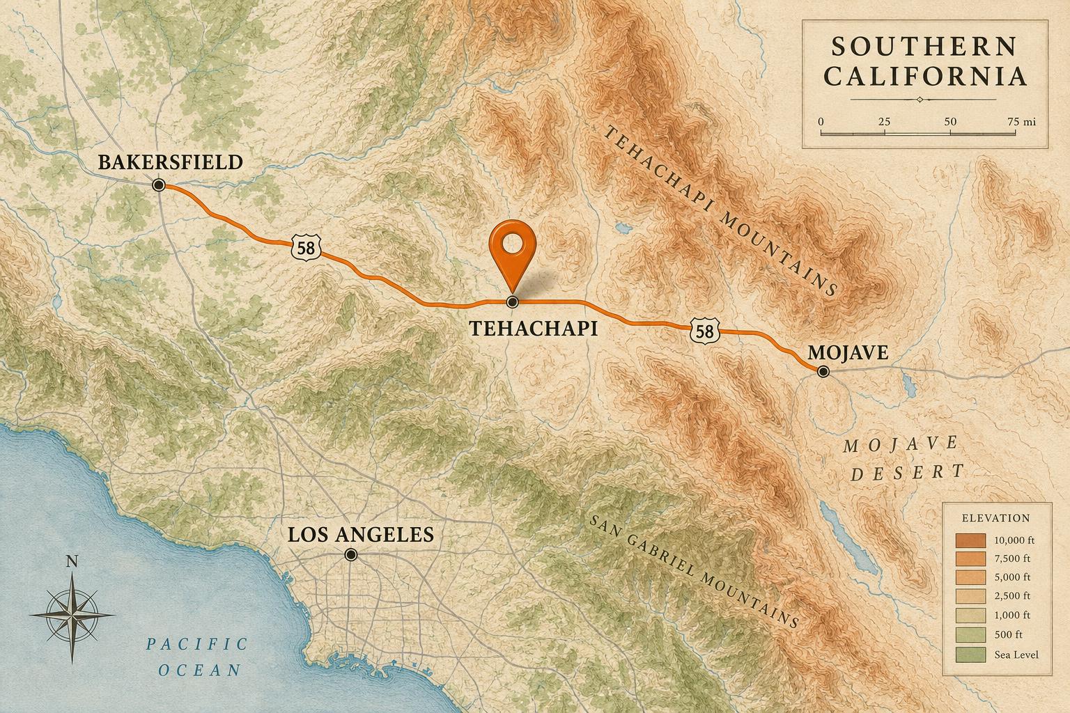 Topographic map of Southern California showing Pass & Park's Tehachapi location on Highway 58 between Bakersfield, Mojave, and Los Angeles