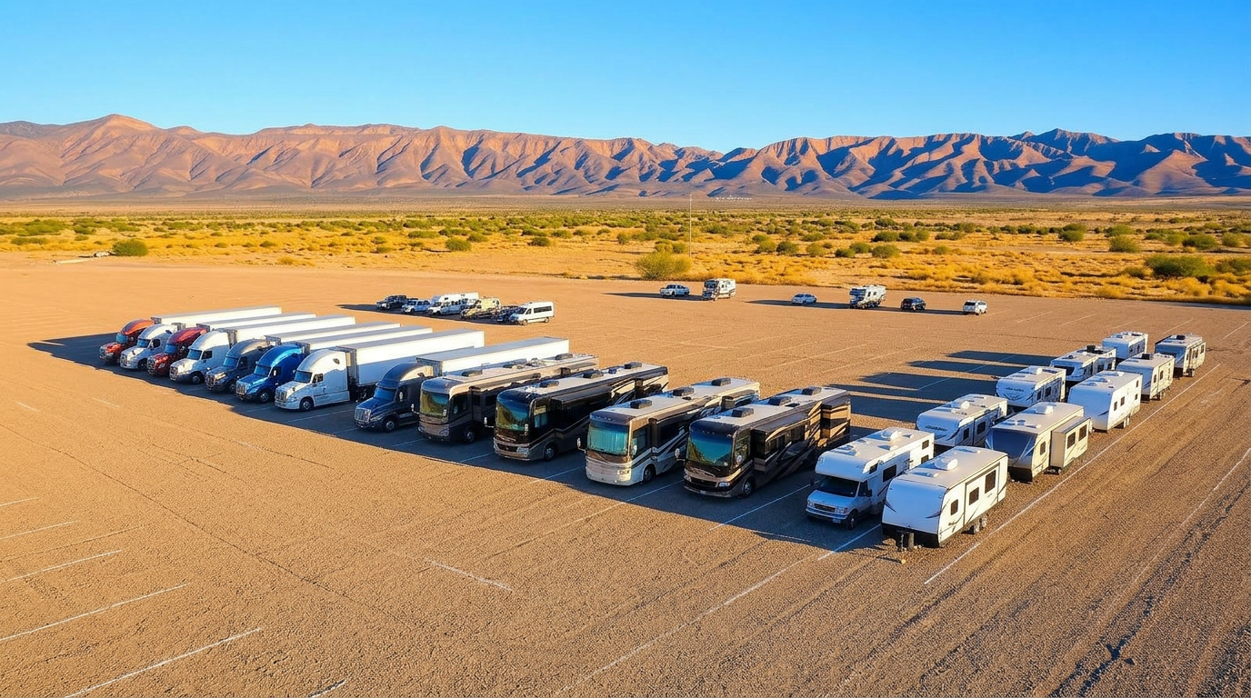Wide pull-through gravel storage row with a class-A motorhome and a 53ft semi-truck parked at Pass & Park Tehachapi